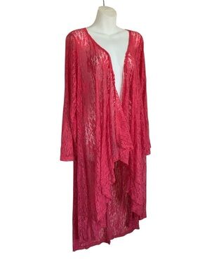 Cleo Apparel long Cardigan, women XL EUC, Hot Pink Lace, Coverup, duster, robe.